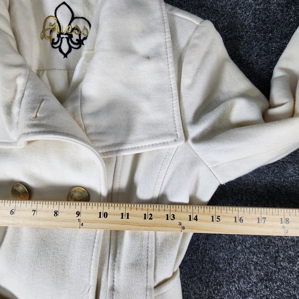 GUESS Wool Cream Gold Buttons Pea Coat Women's Small With Waist Belt Formal - Picture 9 of 12